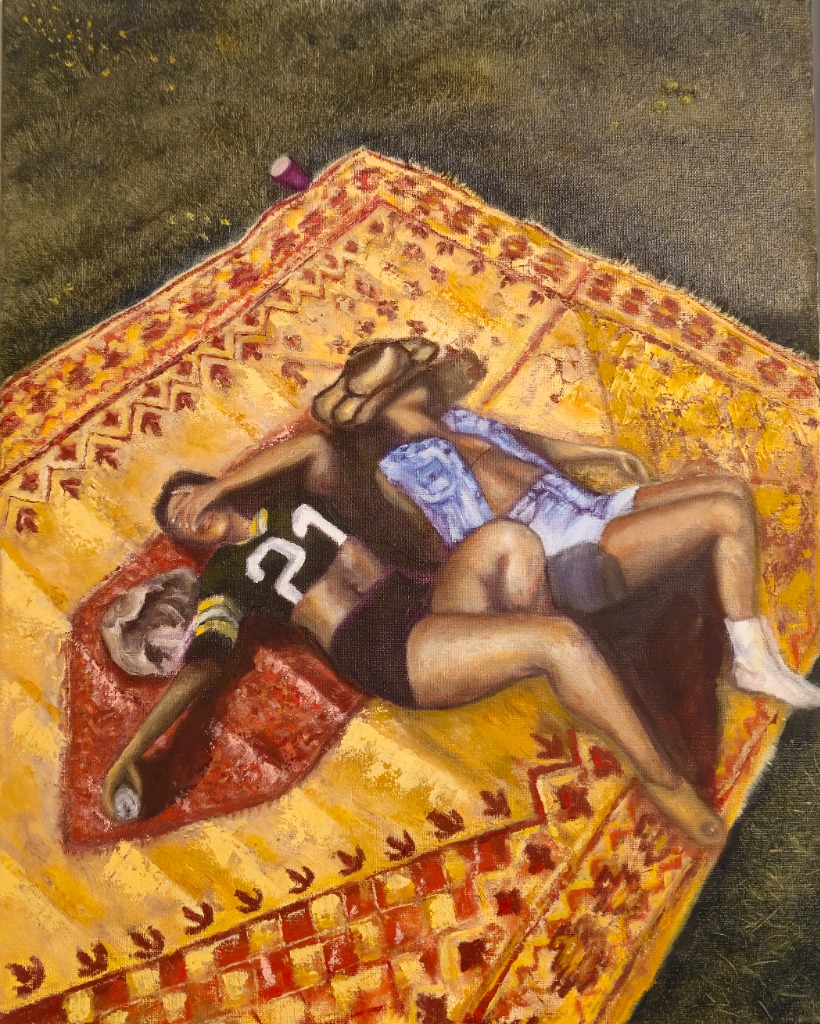 Expressive oil painting of two people reclining on a patterned blanket